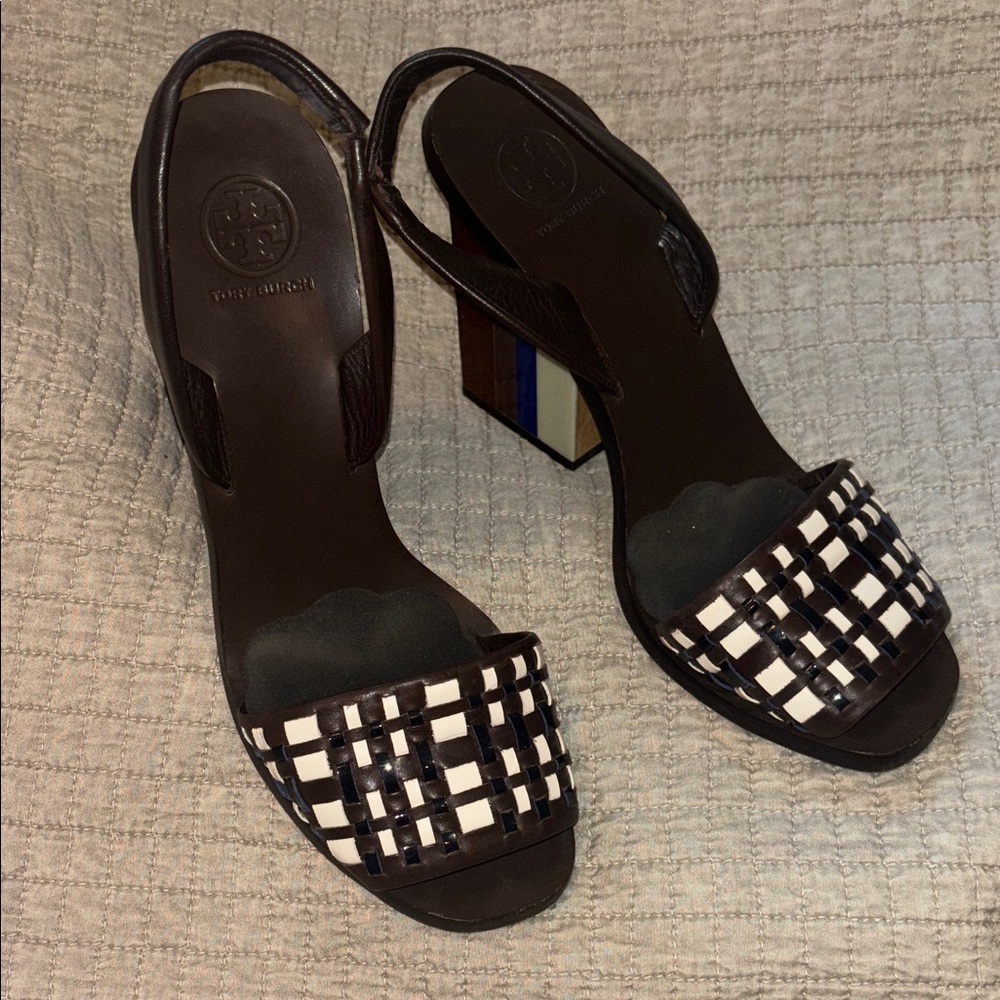 Tory Burch Black and White Woven Heels